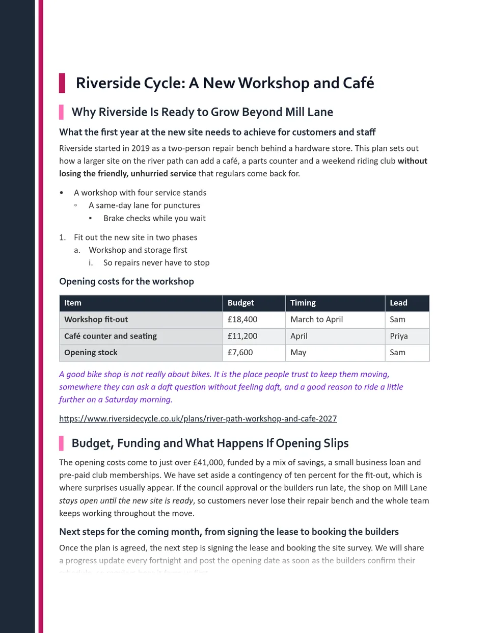 Clean sans headings led by a solid accent bar marker at every level. Suited to reports, briefs and project updates.