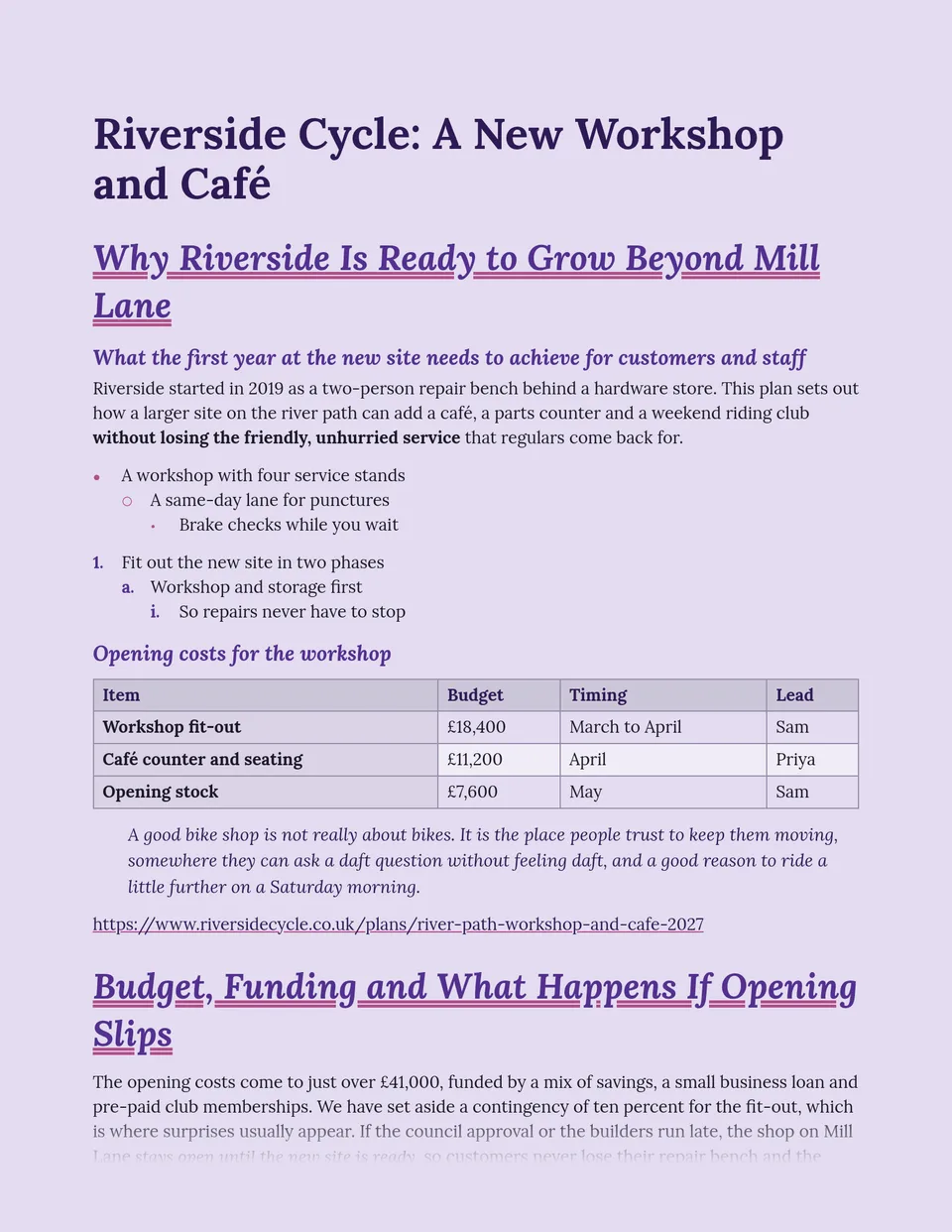 A warm bookish serif on pale lilac paper, with violet italic headings ruled twice in rose like a ledger total - suited to budgets, fee proposals, annual summaries and club or society reports.