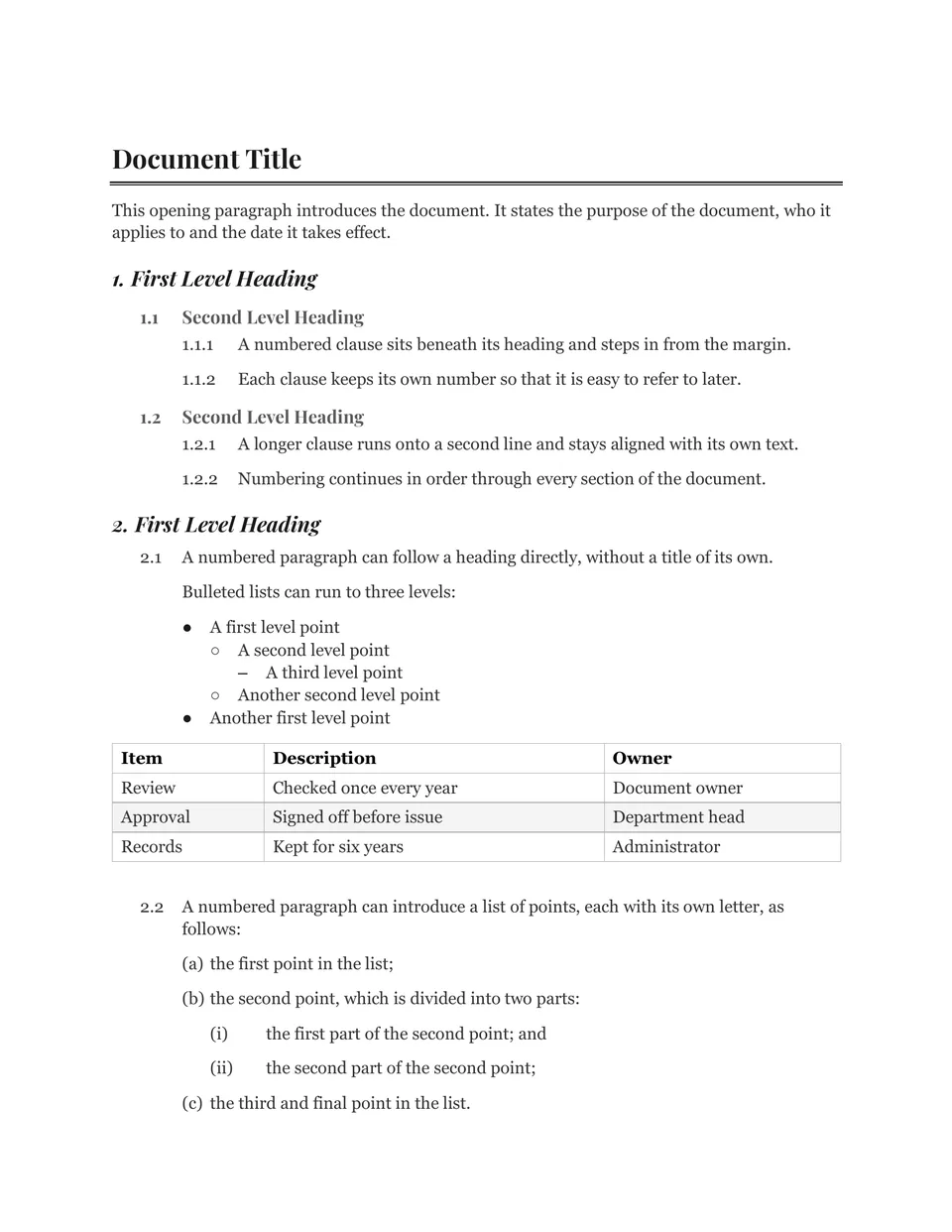 Bold serif headings over a double rule with italic subheadings and Georgia body text, in black and grey. Suited to policies, formal reports and governance papers.