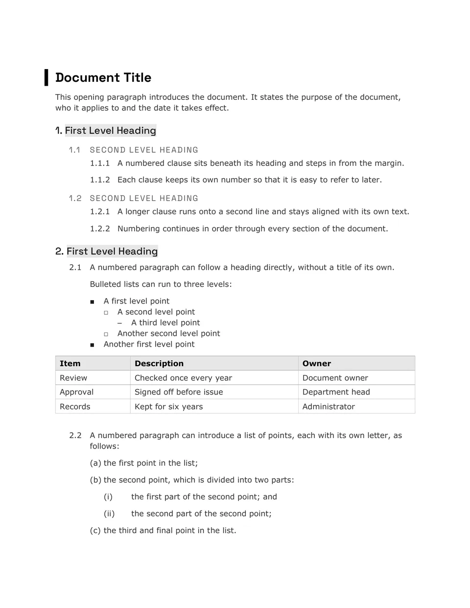 Modern sans serif headings marked by a solid side bar, with grey-shaded subheadings and spaced capitals below. Suited to procedures, technical policies and operating guides.
