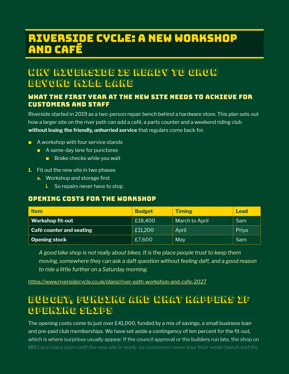 Bold green and gold with chunky 3D signage headings, like an Aussie highway sign or a sporting jersey - great for club newsletters, sports event programmes, team sponsorship proposals and festival flyers.