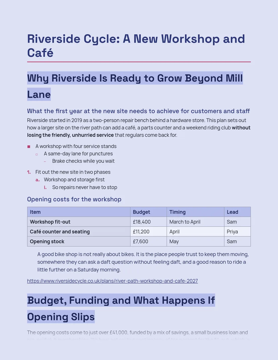 Bold navy headings on a stroke of deeper periwinkle across a pale periwinkle page, with small rouge squares for bullets - a crisp modern look for product updates, creative briefs, event proposals and newsletters.