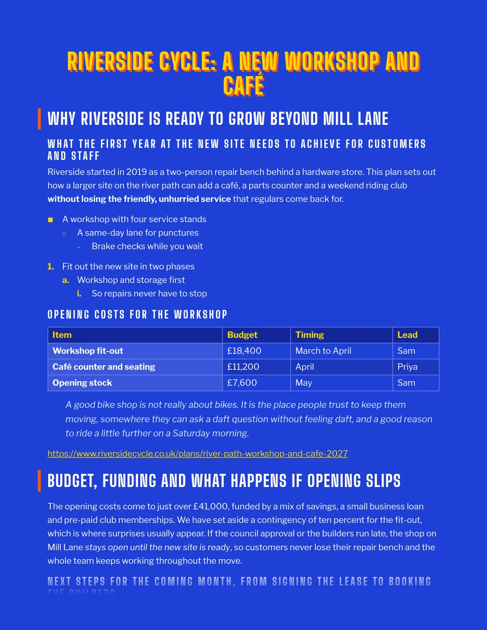 Tall white capitals on a full cobalt page, with a hot orange signal bar and a flash of yellow on every heading - made for event posters, launch announcements, campaign briefs and newsletters that need to be seen from across the room.