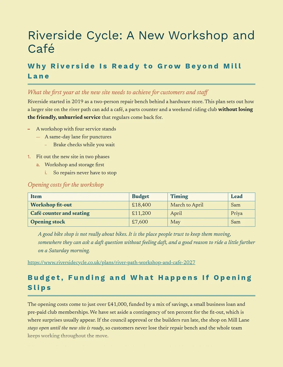 Widely spaced teal headings rest on three fine lines over a pale lemon page, with a classic text serif and terracotta dashes - a calm fit for programme notes, newsletters and event proposals.
