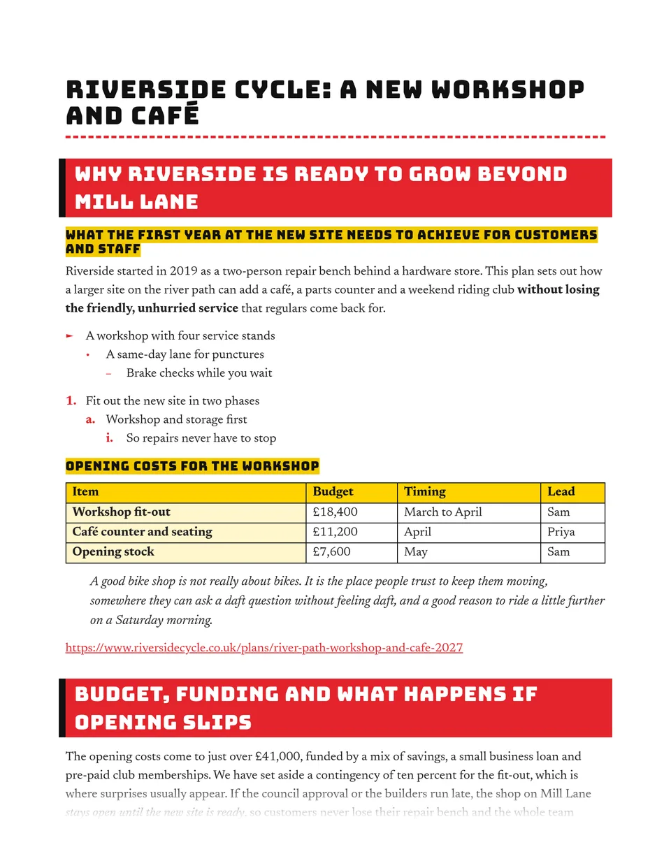 Bold white capitals on signal-red plates mark each section, with small yellow sign plates for sub-headings and a classic serif for easy reading. A good fit for event guides, community newsletters, travel itineraries, project updates and neighbourhood reports.