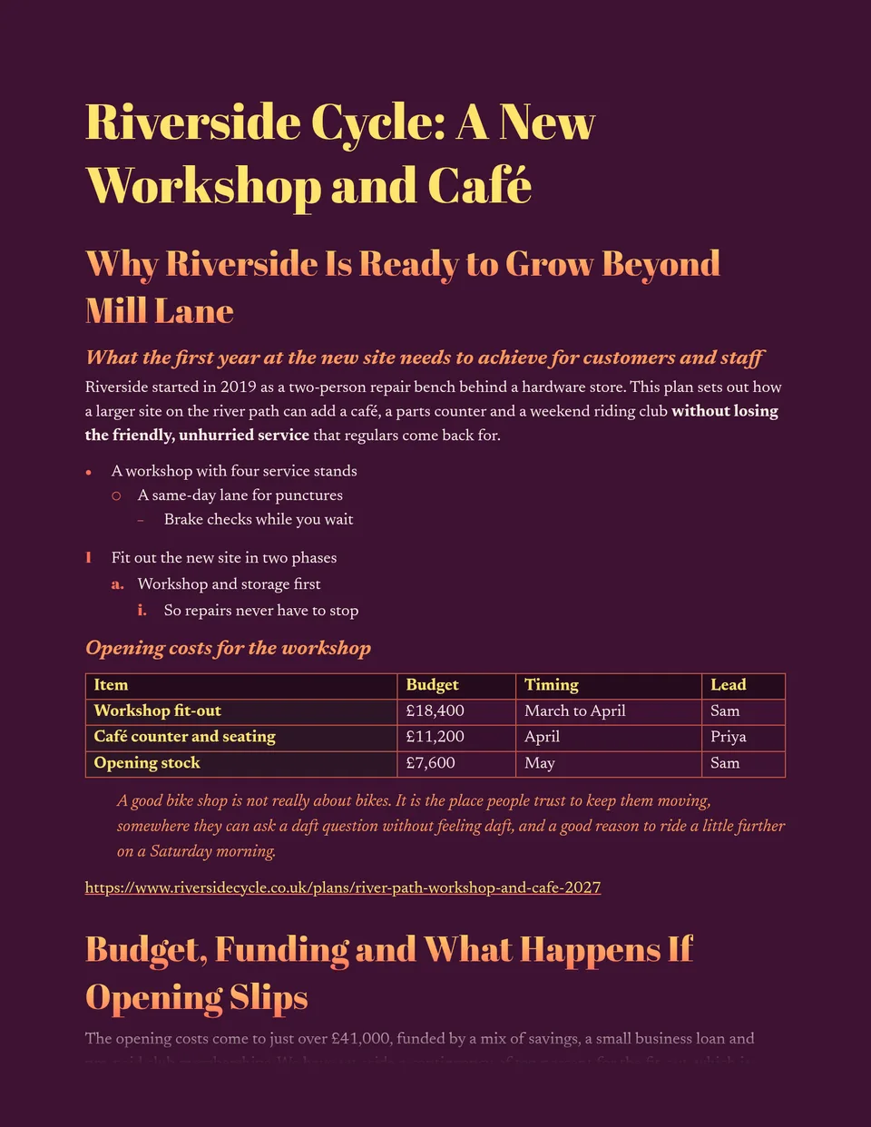 Fat-face headings melt from butter yellow into coral on a deep aubergine page, with a warm cream serif for easy reading. Suited to event proposals, creative briefs, festival programmes and newsletters.
