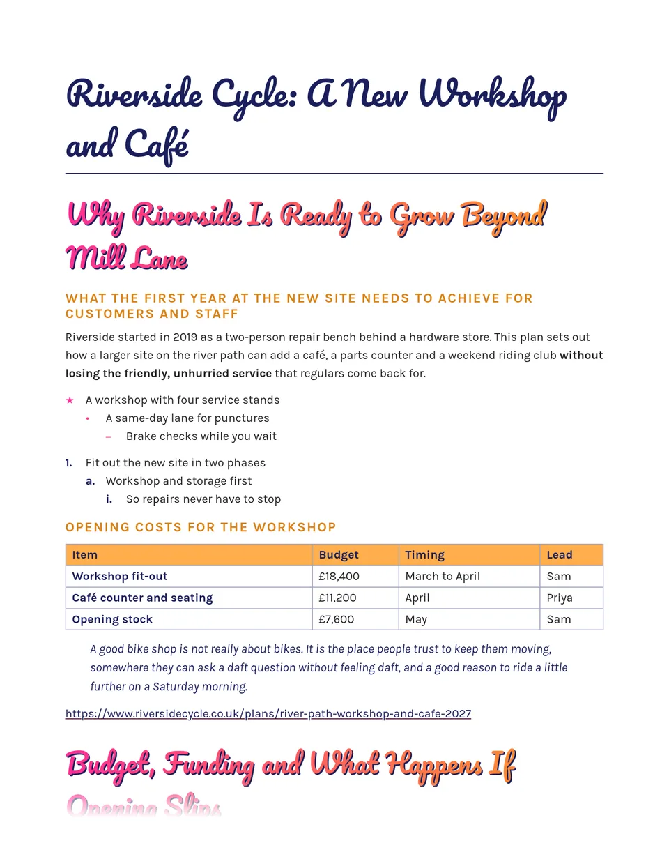 Sunset-pink script headings with a navy shadow sit over clean, friendly text and soft pink tables. Good for event programmes, cafe and shop guides, travel itineraries, newsletters and club handbooks.