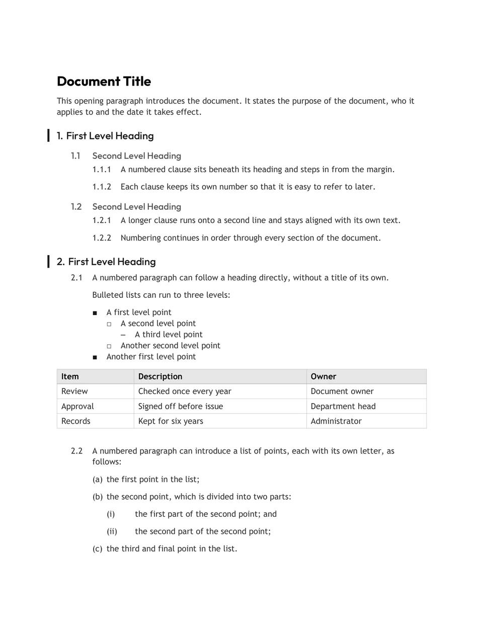 Clean geometric headings with a slim side bar on each subheading, over Trebuchet text in black and grey. Suited to procedures, handbooks and internal guidelines.