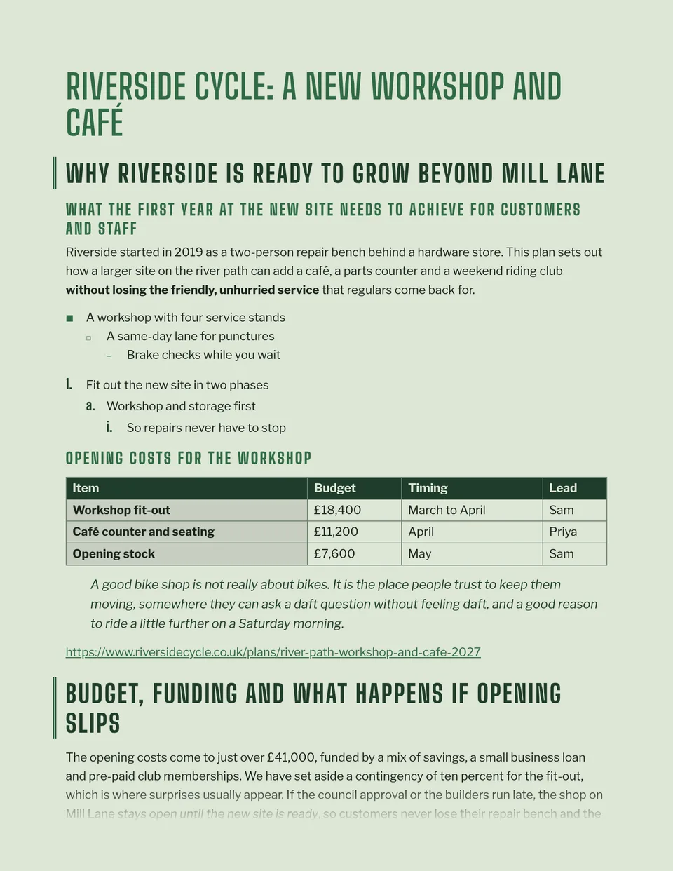 Tall condensed green capitals stand against a double post on a pale sage page, with a sturdy gothic body and a gridded dark-header table - suited to community project proposals, garden and venue guides, and seasonal newsletters.