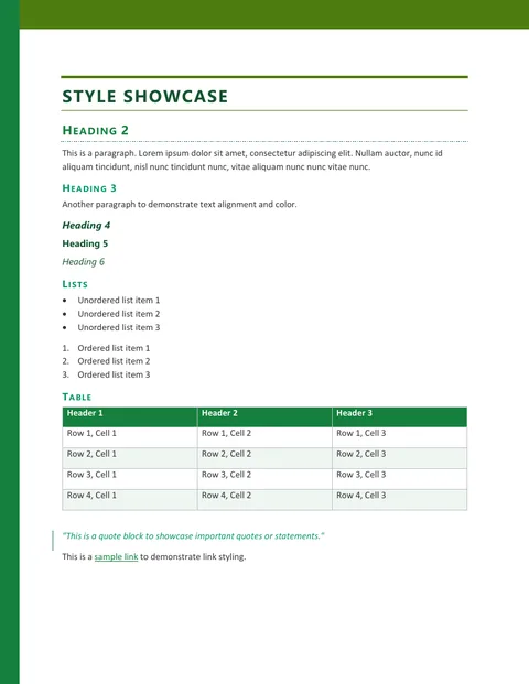 Bastion Word template preview in the Orchard palette: tracked green capital headings over heavy rules, with a green band across the top and down the left edge of the page