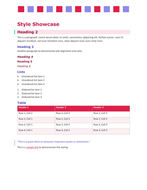 Bulletin Word template preview: big bold headlines, a wash band with a side bar on each subheading, and a row of coloured squares across the top of the page