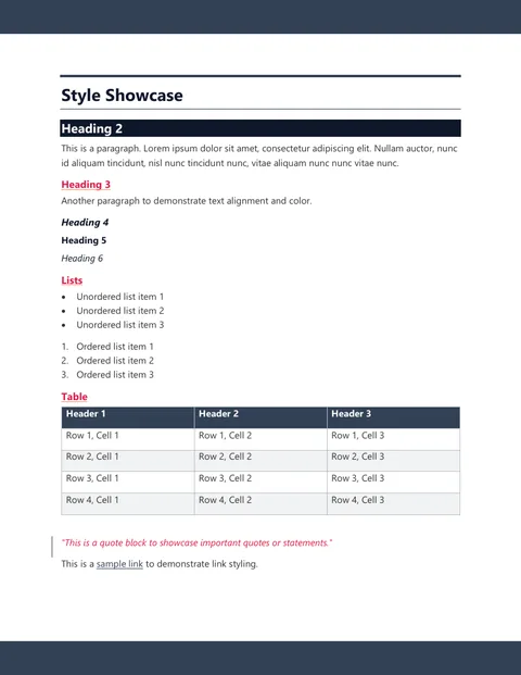 Keystone Word template preview: section headings on solid dark bars with dark bands at the top and bottom of the page