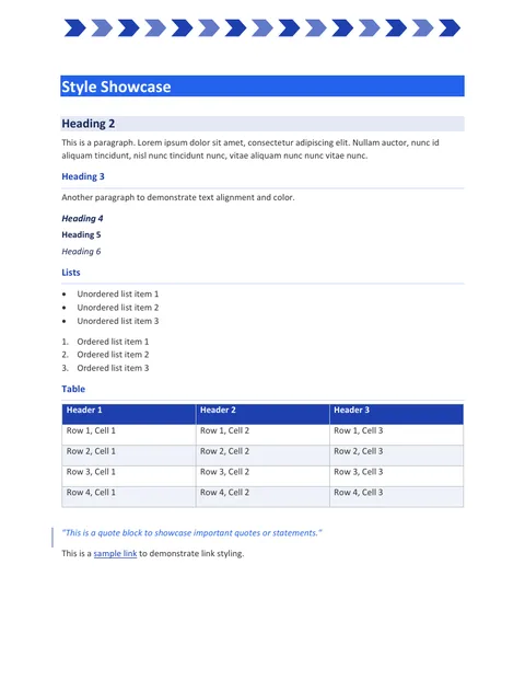 Kiln Word template preview: clean headings with a vivid band and chevrons across the top of the page