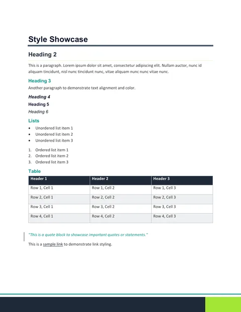 Ledger Word template preview: clean sans headings with a rule under the title and a dark band across the foot of the page