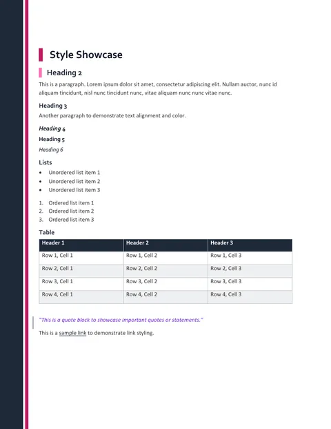 Pillar Word template preview: clean sans headings each led by a solid accent bar