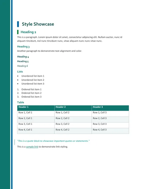 Pillar Word template preview in the Harbor palette: teal headings each led by a solid accent bar, with a teal band down the left edge